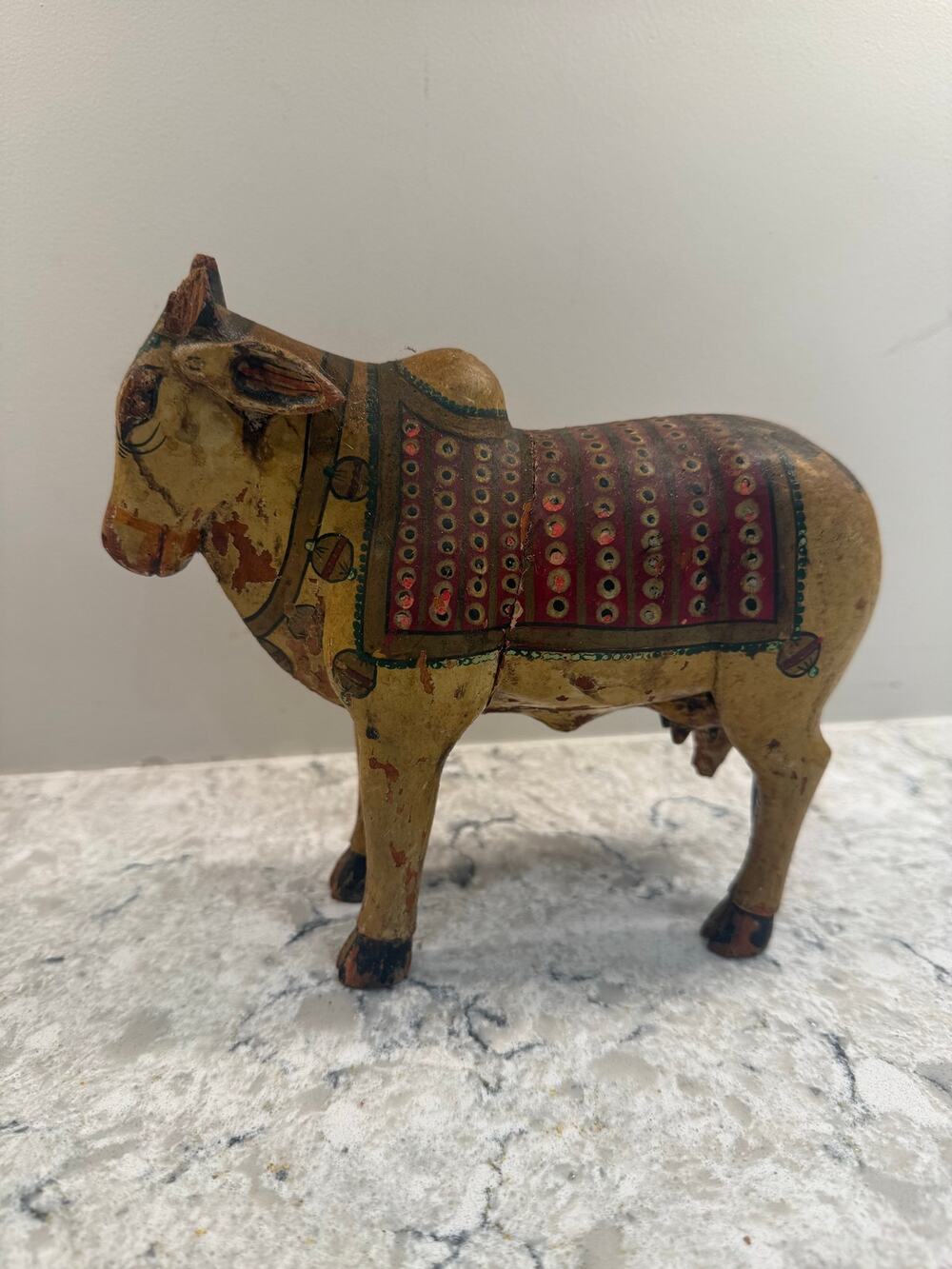 Vintage Hand-painted Wooden Brahma Cow Statue Nandi Kamdhenu Missing Leg